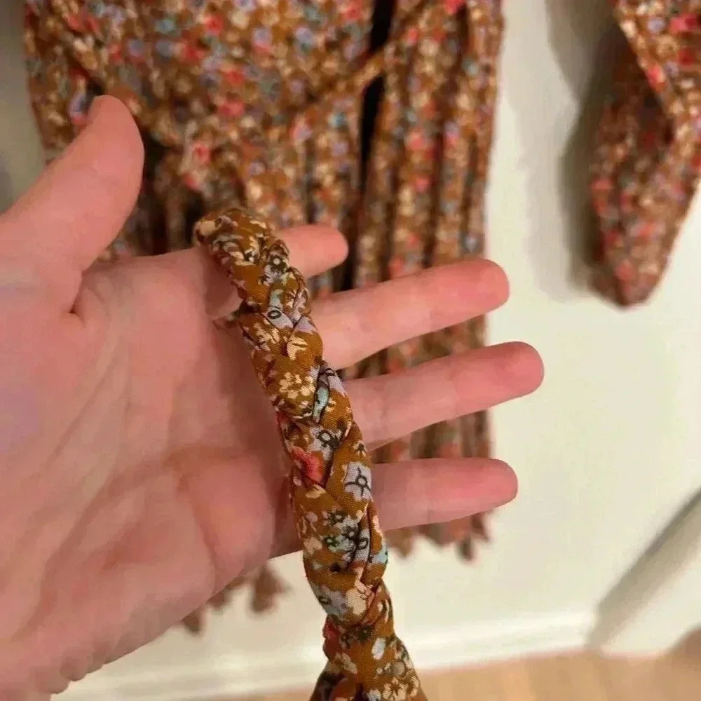 AURA Ballon Sleeve bat wing braided Belt flowy Boho floral fall mini dress S-M - Picture 11 of 15